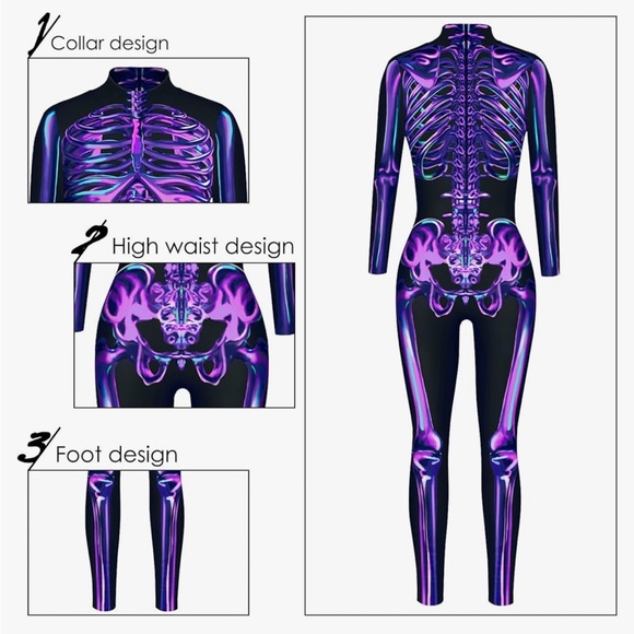 rave ready skeleton body suit in black purple - Picture 4 of 5